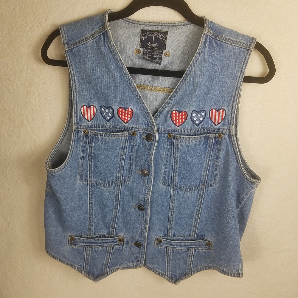 Solutions Denim Vest Womens M Blue Heart Embroidery Americana Western Y2K boho